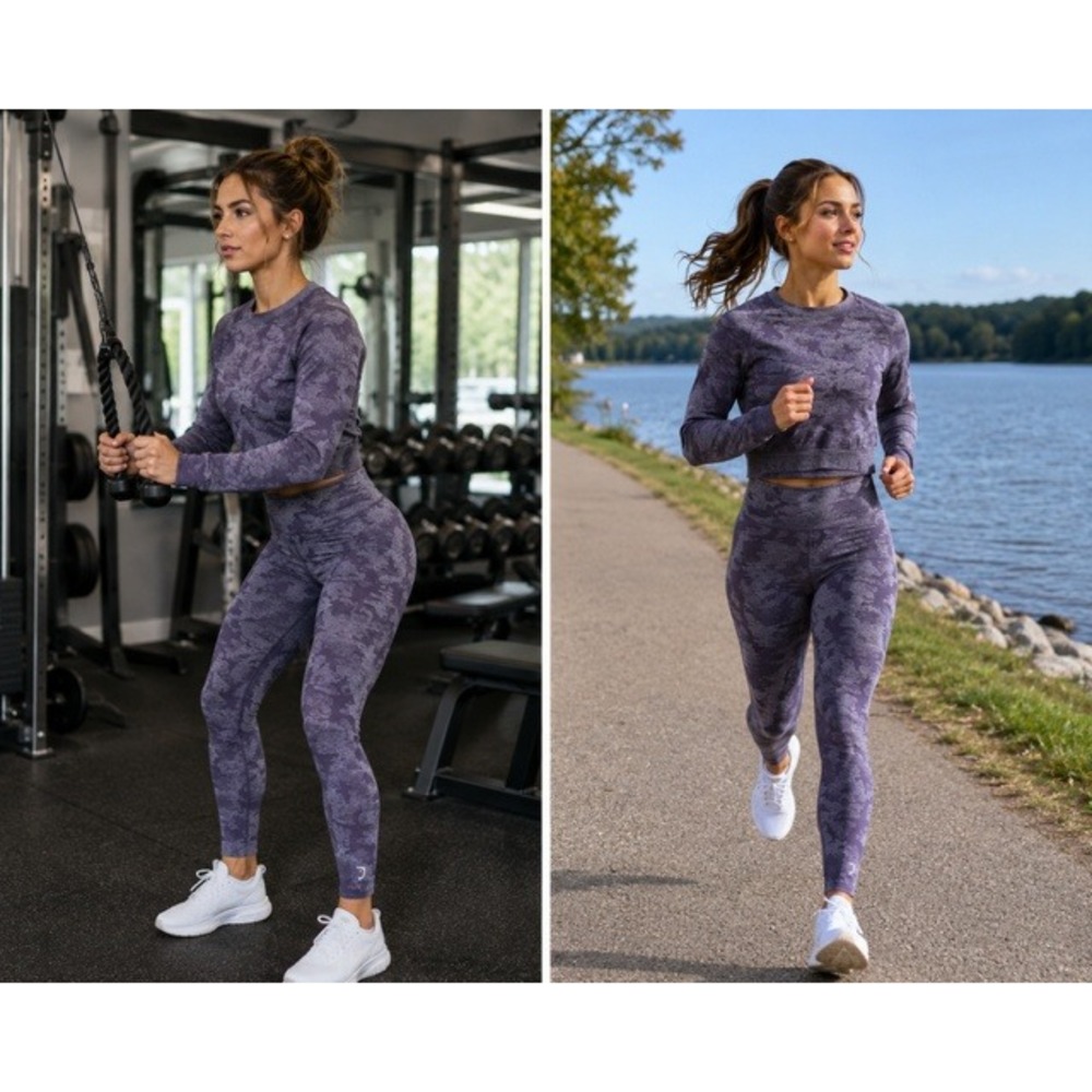 Gymshark Adapt Camo Seamless Set Purple Long Sleeve Crop Top Leggings Womens S